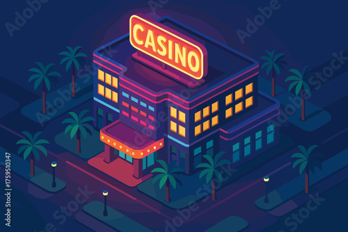 Building palm casino illustration glowing isometric trees lined vector oasis lights sign