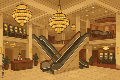 Illustration escalators lobby chandeliers large gaming casino leading scene desk floors vector