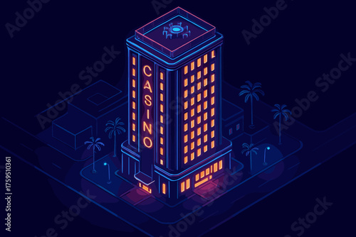 Vector style glowing casino skyscraper illustration neon tall around rooftop
