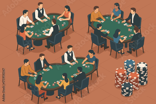 Isometric illustration players card room dealers layout stacks scene poker casino vector