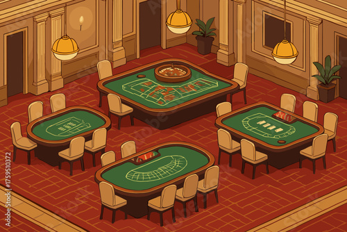 Luxurious illustration gaming casino interior arranged symmetrically roulette vector blackjack tables
