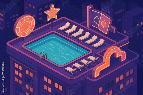 Rooftop illustration oasis around vector resort pool casino loungers sun swimming neon