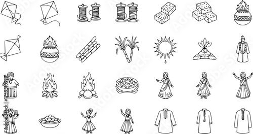 Indian Harvest Festival Icons Set. Makar Sankranti, Lohri, Pongal, Bihu traditional symbols: kites, sugarcane, bonfire, sun, sweets, and attire. Outline vector collection.
