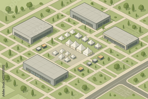 Tents full view vector illustration exhibition isometric center expo halls multiple