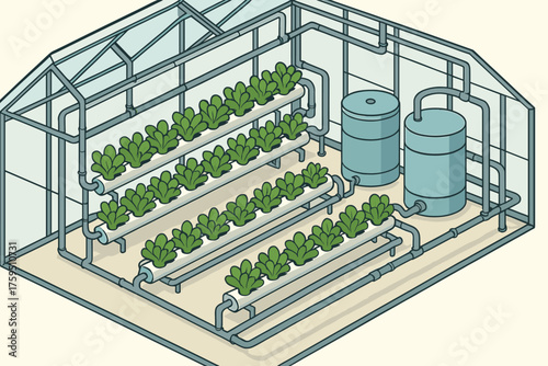 Leafy water vegetables illustration growing interior hydroponic greenhouse vector rows