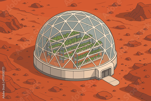 Growing crops desert mars futuristic red vector biodome dome greenhouse illustration