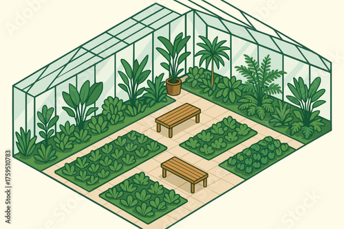 Lush vector walkway benches paths botanical interior isometric greenhouse plants scene illustration