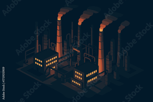 Shadows simple nightscape industrial chimneys illustration ground plant vector view windows night