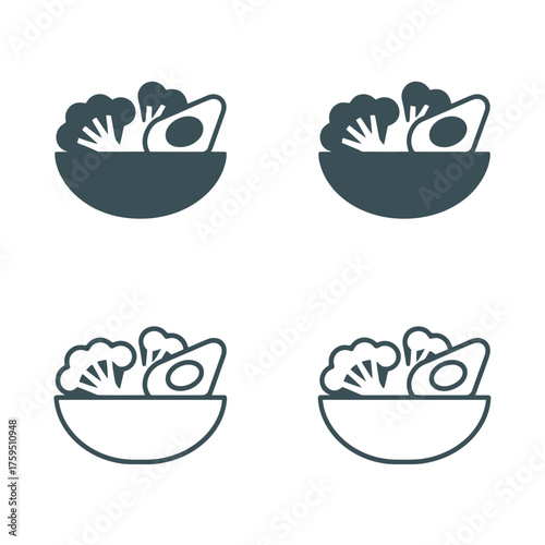 Healthy salad bowl icons with broccoli and avocado