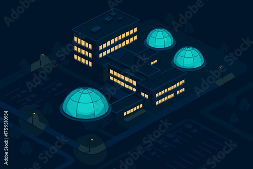 Laboratory lab night illustration scene complex illuminated vector windows glowing nighttime domes