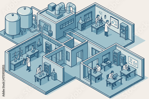 Chemical corridors tanks isometric illustration complex ventilation halls research vector laboratory connected
