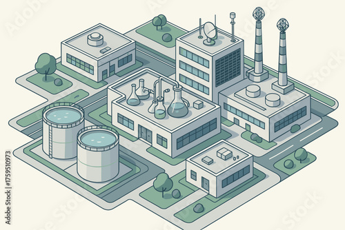 Laboratory illustration water data atmospheric central facility lab isometric vector tanks complex