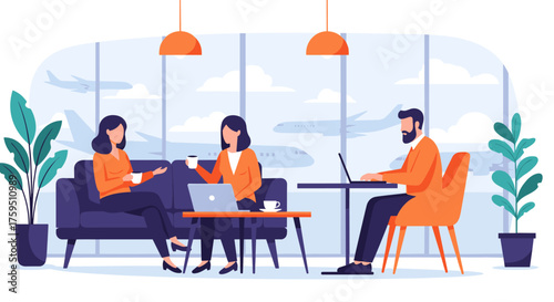 Three people chatting and working in a modern airport lounge area with planes outside the window.