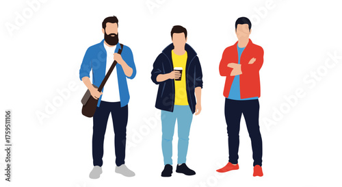 Three young men stand together dressed in casual modern outfits.