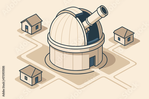 Small isometric observatory vector dome research illustration upward surrounded telescope scene view