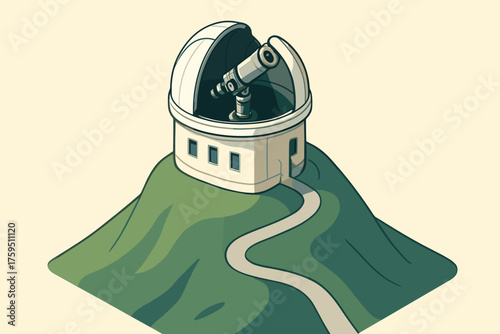 Winding vector tall isometric hill dome illustration telescope revealing observatory roof placed