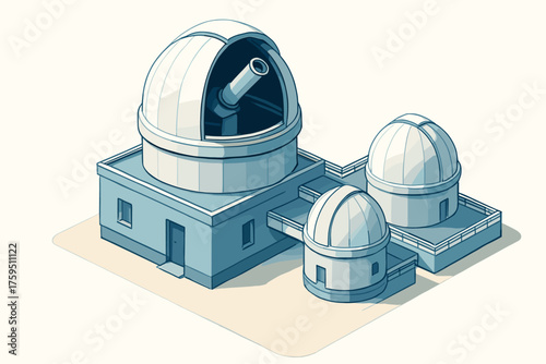 Research complex main smaller domes illustration connected twin observatory isometric vector telescope