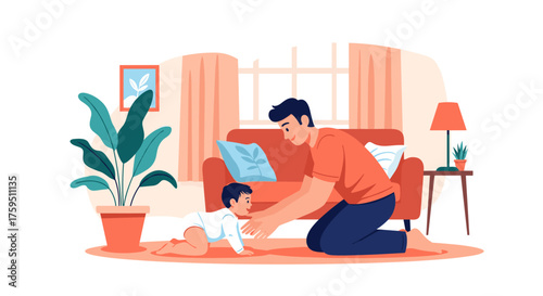 Father helping his baby child learn to crawl on the floor of their living room.