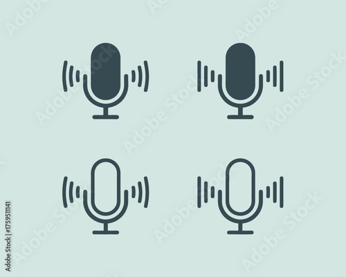 Four microphone icons with sound waves representing audio recording and broadcasting