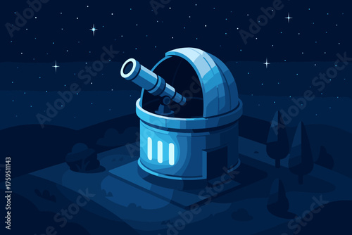 Telescope landscape isometric blue vector scene aimed lights glowing illustration night dome