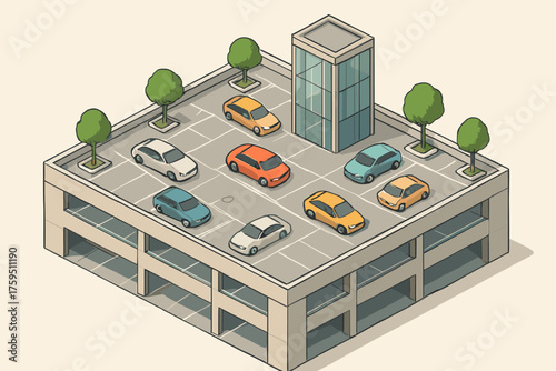 Areas small elevator view parked structure vector illustration parking rooftop rising oasis