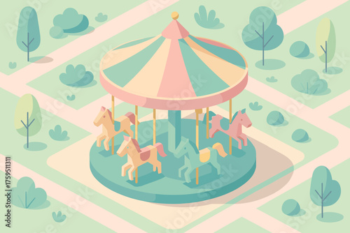 Delight colorful pathways carousel pastel canopy flat vector geometric horses illustration stylized