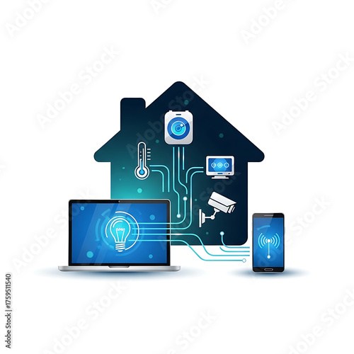 Smart home concept with connected devices and technology isolated on white background