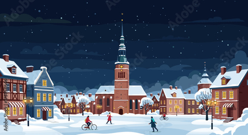 A charming winter village scene with snow covered rooftops and people enjoying the cold weather.