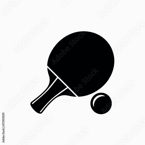 Black silhouette of a ping pong paddle and ball on a white background