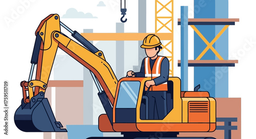 Construction worker operating excavator at a building site Depicts industry development and heavy machinery