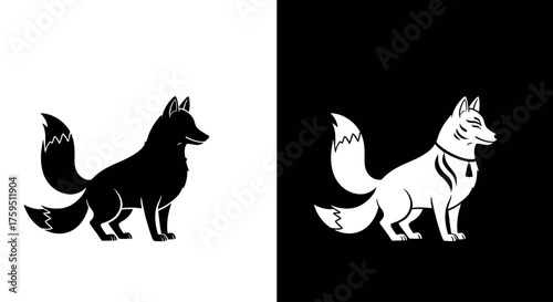 A minimalist black and white graphic of a mythical two-tailed fox, shown as a silhouette and a detailed outline.