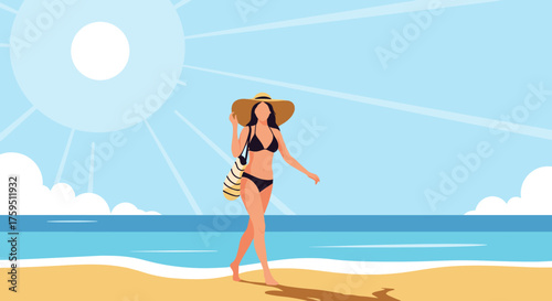 A woman in a bikini walks on a sandy beach under a bright sunny sky with clouds.