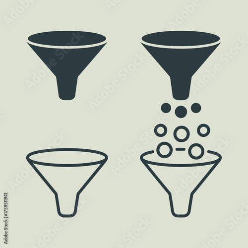 Two styles of funnels one solid and one outline with falling circles