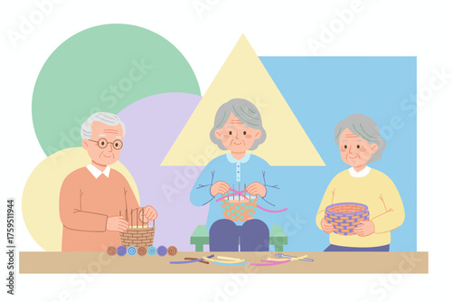 Happy seniors enjoying a creative crafting session weaving colorful baskets together Active lifestyle