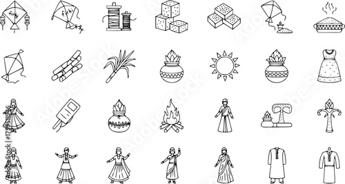 Indian Harvest Festival Line Art Icons. Makar Sankranti, Pongal, Lohri Celebration Symbols: Kites, Sugarcane, Jaggery, Sun, Bonfire, Kalash, Traditional Attire, and Cultural Elements.