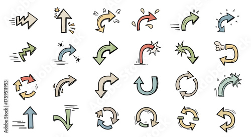 Array of arrow doodles in various colors and styles