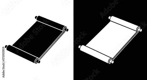 A graphic illustration of two blank scrolls, one black on white and its white inverse on black.