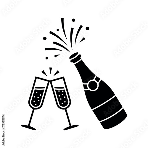 Champagne bottle popping with two glasses clinking celebration