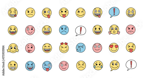 Array of cartoonstyle emojis displaying diverse expressions on a white background
