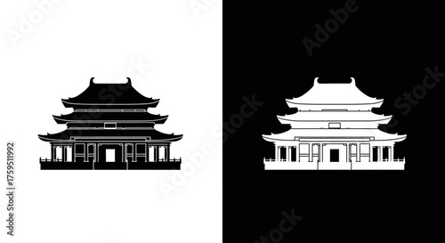 A pair of black and white silhouette icons depicting a traditional Asian temple or pagoda.