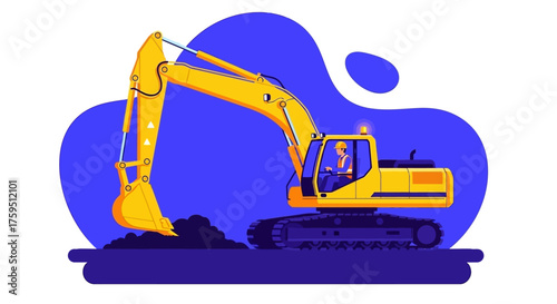 Yellow excavator with operator digging earth Heavy construction machinery illustration