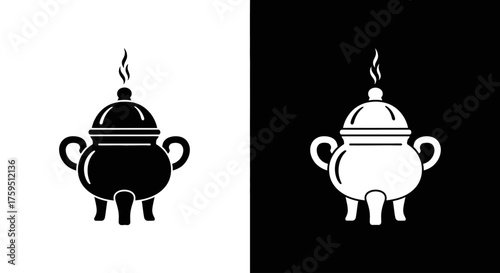 A black and white icon set of a traditional incense burner with smoke rising from the lid.