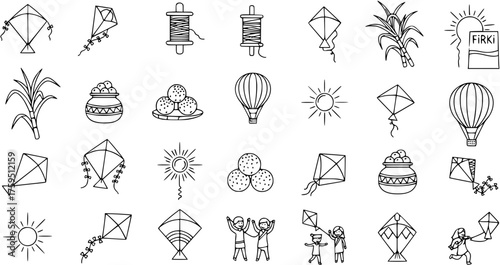 Makar Sankranti  Uttarayan Kite Festival Line Art Icons Set: Kites, Firki, Sugarcane, Sweets, Sun, Hot Air Balloons, and Children Playing