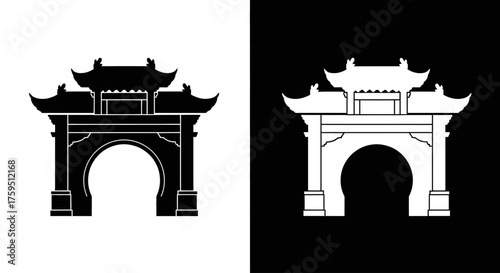 A black and white silhouette icon of a traditional Chinese paifang archway gate, presented in both positive and negative versions.