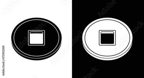 A simple black and white graphic illustration of an ancient Chinese coin with a square hole, shown in two contrasting versions.
