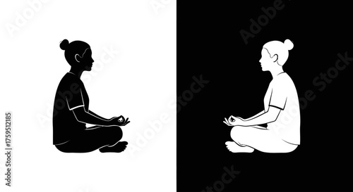 Black and white graphic of a woman in a meditative lotus pose, symbolizing duality, balance, and mindfulness.