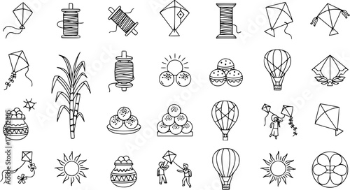 Makar Sankranti Festival Line Art Icons Set with Kites, Sweets, Sun, Sugarcane, and Thread Spools