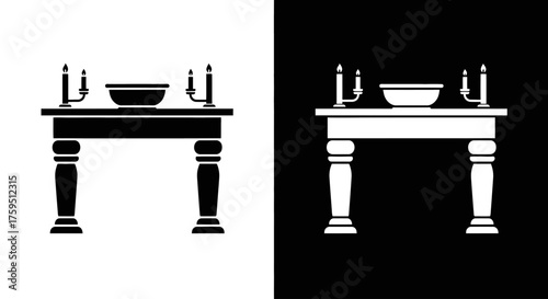 A black and white icon set of a traditional altar table with a central bowl and two candlesticks.