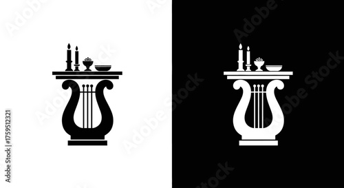 An elegant silhouette of a classical lyre instrument supporting a small altar with candles and an offering bowl.