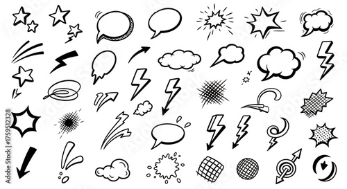 Assorted doodle style cartoon effects symbols arrows clouds and speech bubbles in black lines over a white background